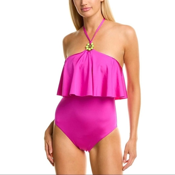 Trina Turk • halter high neck swimsuit one piece orchid flounce fuchsia pink - Picture 3 of 14